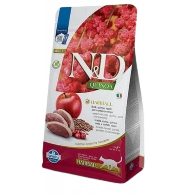 N&D Quinoa Tüy Yumağı Önleyici Ördekli Elmalı ve Kızılcıklı Tahılsız Yetişkin Kedi Maması 1,5kg