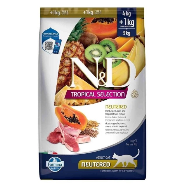 N&D Tropical Selection Kuzu Etli ve Tropikal Meyveli Kısırlaştırılmış Kedi Maması 4+1 kg