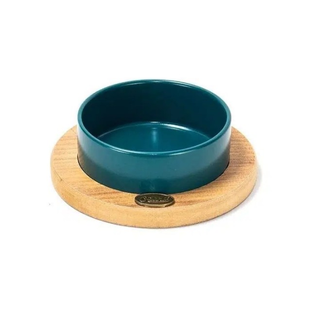 Ozark Ahşap Oval Tabanlı Seramik Kedi-Köpek Mama ve Su Kabı Petrol Mavisi 19,5 cm 400ml