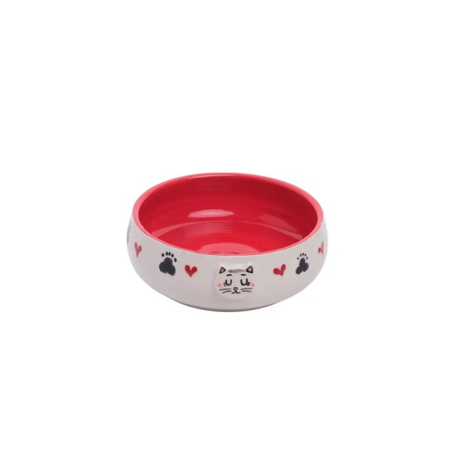 Pawstar Kırmızı Kedi Desenli Tekli Seramik Mama ve Su Kabı