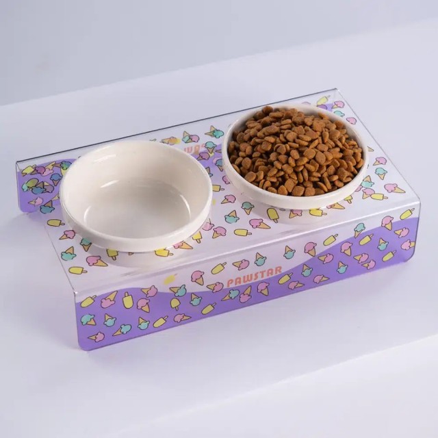 Pawstar Plexi Standlı 2li Seramik Mama ve Su Kabı Dondurma Desenli 26601