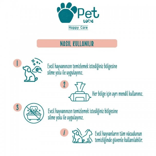 Pet Love Kediler ve Köpekler İçin %100 Doğal Argan Yağlı Evcil Hayvan Temizleme Mendili 60 Lı