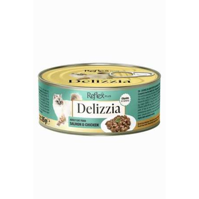 Reflex Plus Delizzia Sos İçinde Parça Etli Somonlu ve Tavuklu Yetişkin Kedi Konservesi 85gr