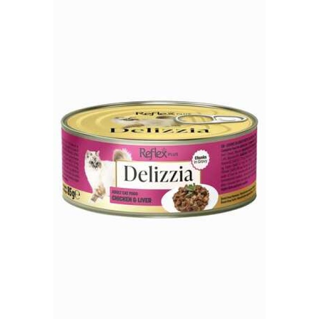 Reflex Plus Delizzia Sos İçinde Parça Etli Tavuklu ve Ciğerli Yetişkin Kedi Konservesi 85gr