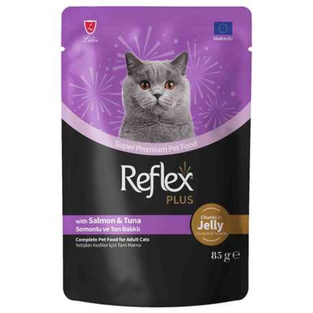 Reflex Plus Jöle İçinde Et Parçacıklı Somonlu ve Ton Balıklı Yetişkin Kedi Konservesi 85gr