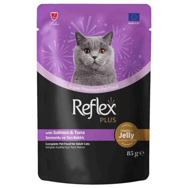 Reflex Plus Jöle İçinde Et Parçacıklı Somonlu ve Ton Balıklı Yetişkin Kedi Konservesi 85gr