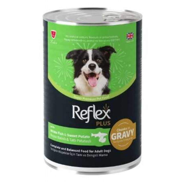 Reflex Plus Sos İçinde Et Parçacıklı Beyaz Balıklı ve Tatlı Patatesli Yetişkin Köpek Konservesi 400gr