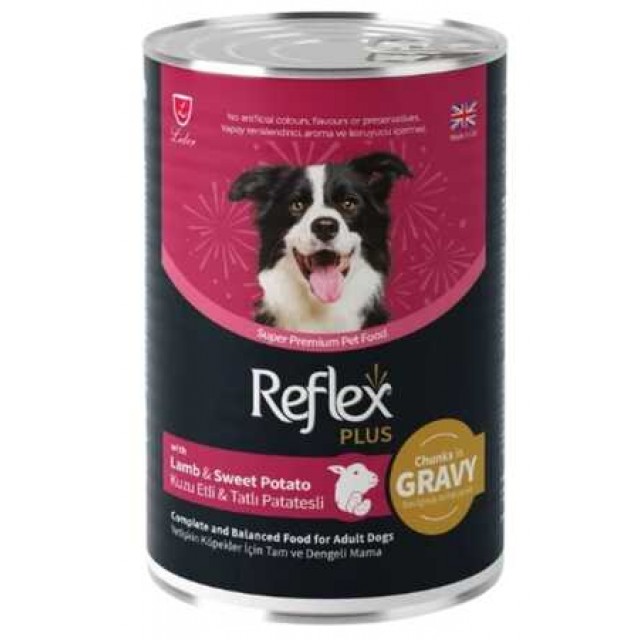 Reflex Plus Sos İçinde Et Parçacıklı Kuzu Etli ve Tatlı Patatesli Yetişkin Köpek Konservesi 400gr