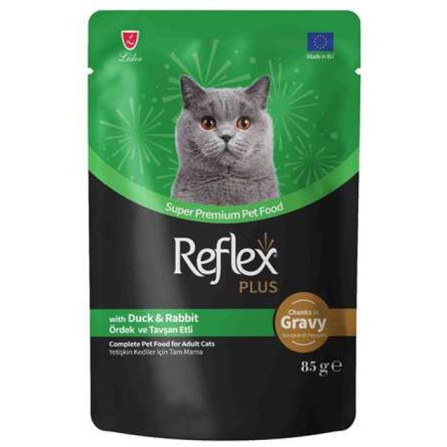 Reflex Plus Sos İçinde Et Parçacıklı Ördekli ve Tavşanlı Yetişkin Kedi Konservesi 85gr