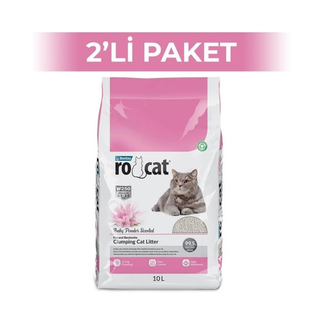 RoCat Bebek Pudrası Kokulu Bentonit Kedi Kumu 10 lt 2 Adet