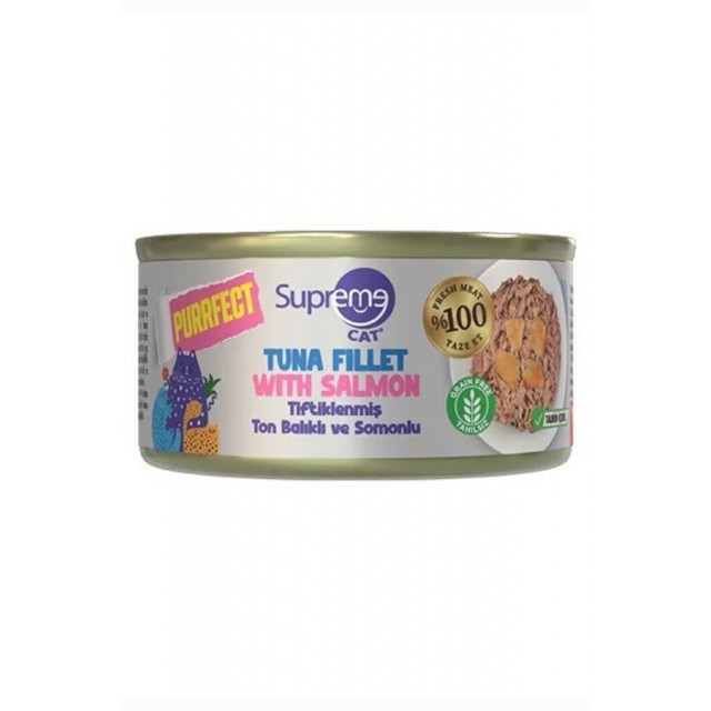 Supreme Purrfect Tiftiklenmiş Ton Balıklı ve Somonlu Yetişkin Kedi Konservesi 70gr