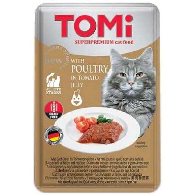 Tomi Kümes Hayvanı ve Domatesli Tahılsız Pouch Yetişkin Kedi Konservesi 100gr