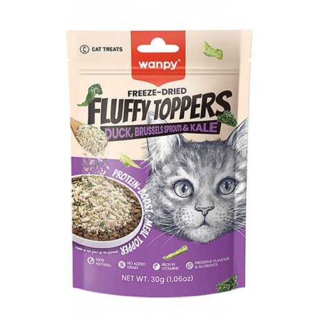 Wanpy Dondurularak Kurutulmuş Fluffy Toppers Ördek Brüksel ve Kara Lahanalı Kedi Ödül Maması 30gr
