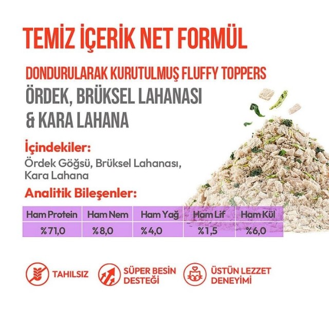 Wanpy Dondurularak Kurutulmuş Fluffy Toppers Ördek Brüksel ve Kara Lahanalı Kedi Ödül Maması 30gr