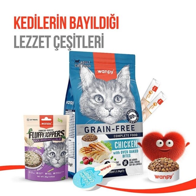 Wanpy Dondurularak Kurutulmuş Fluffy Toppers Ördek Brüksel ve Kara Lahanalı Kedi Ödül Maması 30gr