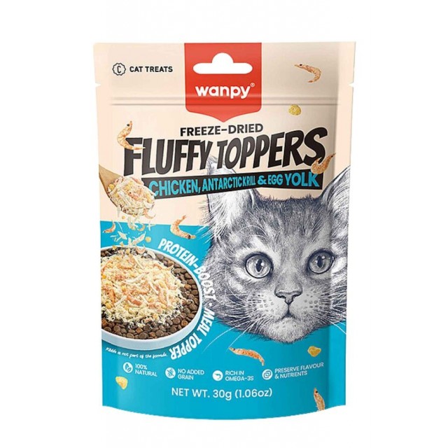 Wanpy Dondurularak Kurutulmuş Fluffy Toppers Tavuk Karides ve Yumurta Sarılı Kedi Ödül Maması 30gr