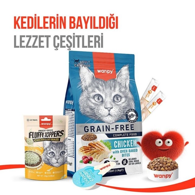 Wanpy Dondurularak Kurutulmuş Fluffy Toppers Tavuklu ve Kedi Otlu Kedi Ödül Maması 30gr
