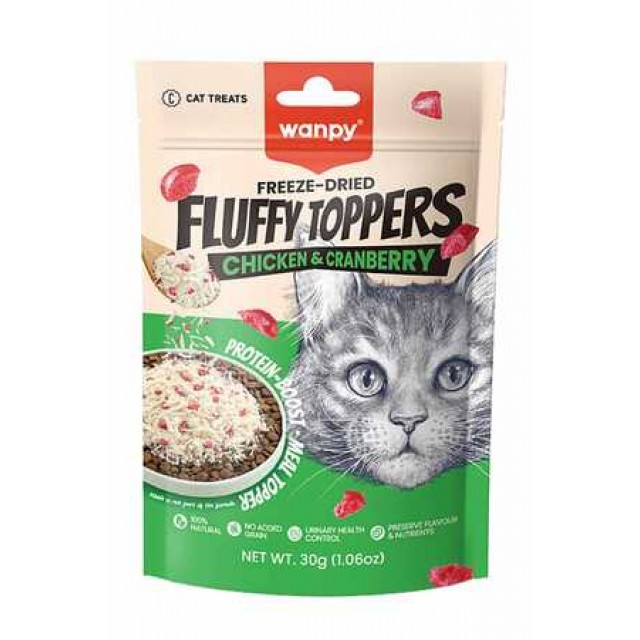 Wanpy Dondurularak Kurutulmuş Fluffy Toppers Tavuklu ve Kızılcıklı Kedi Ödül Maması 30gr