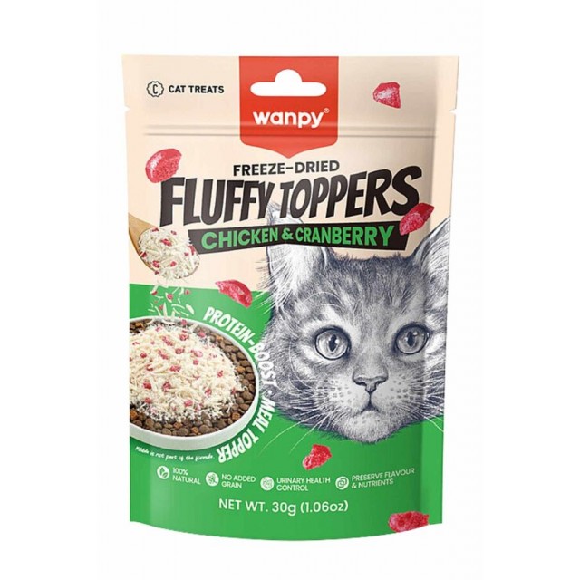Wanpy Dondurularak Kurutulmuş Fluffy Toppers Tavuklu ve Kızılcıklı Kedi Ödül Maması 30gr