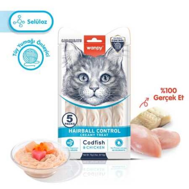 Wanpy Hairball Control Morina Balığı ve Tavuklu Krema Kedi Ödülü 5x14gr