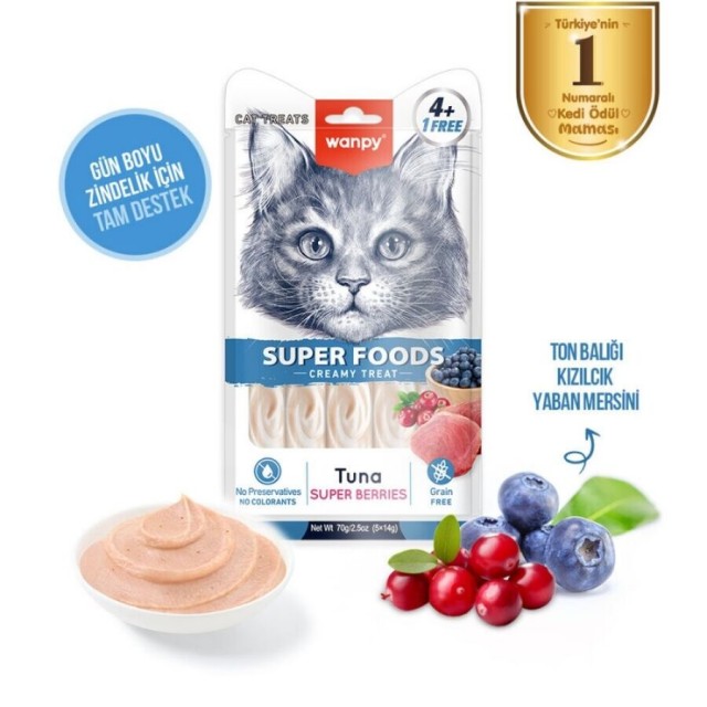 Wanpy Superfood Ton Balıklı Yaban Mersini ve Kızılcıklı Krema Kedi Ödülü 5×14gr