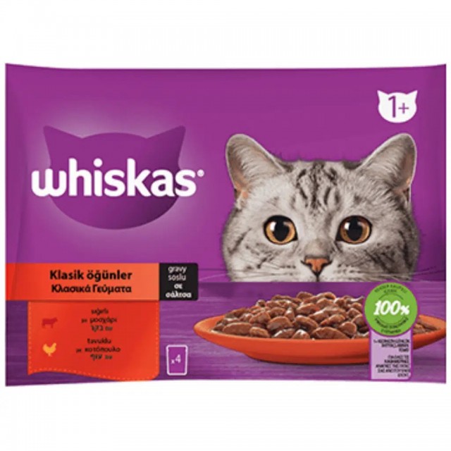 Whiskas Multipack Klasik Öğünler Gravy Soslu Tavuklu ve Sığır Etli Kedi Yaş Maması 4x85 Gr