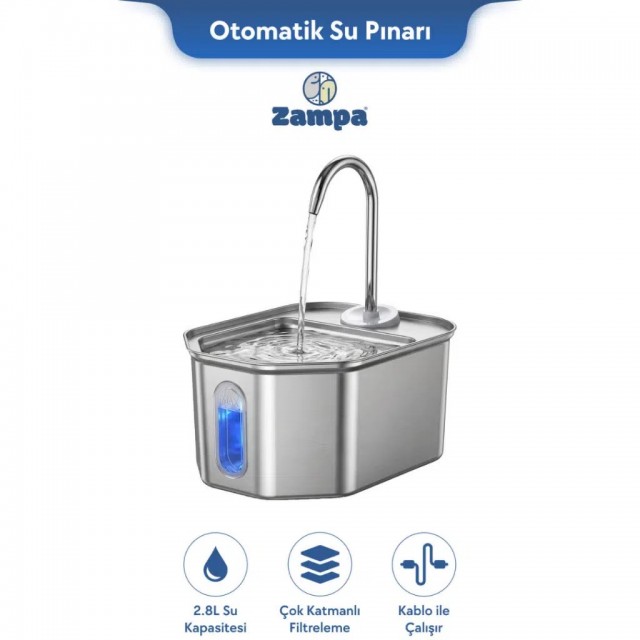 Zampa Kedi ve Köpekler İçin Altıgen Paslanmaz Çelik Otomatik Su Pınarı 2.8 Litre