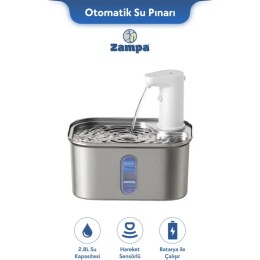 Zampa Kedi ve Köpekler İçin Kare Sensörlü Bataryalı Çelik Otomatik Su Pınarı 2.8 Litre