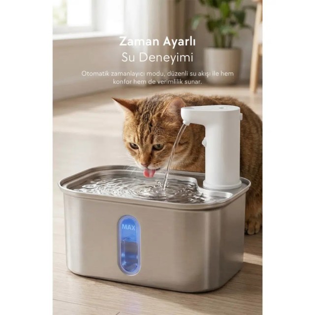 Zampa Kedi ve Köpekler İçin Kare Sensörlü Bataryalı Çelik Otomatik Su Pınarı 2.8 Litre
