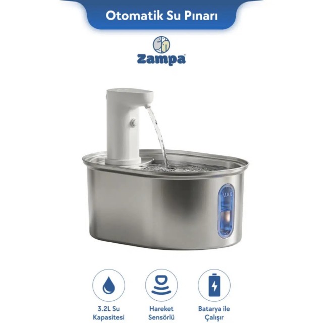 Zampa Kedi ve Köpekler İçin Oval Sensörlü Bataryalı Çelik Otomatik Su Pınarı 3.2 Litre