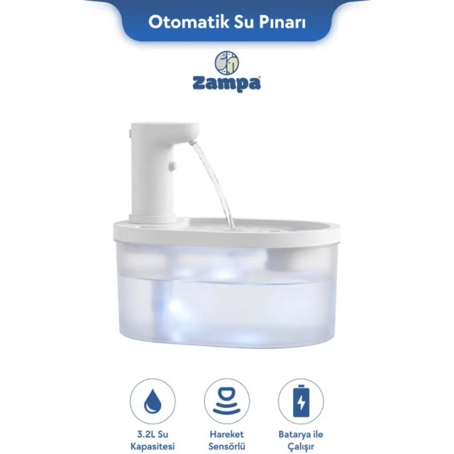 Zampa Kedi ve Köpekler İçin Oval Sensörlü Bataryalı Otomatik Su Pınarı 3.2 Litre